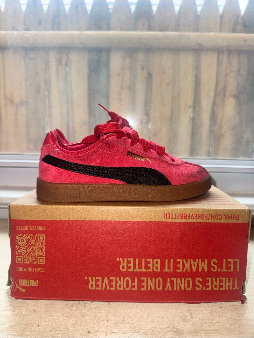 Puma Kids Red Suede Sneakers with Black Stripe